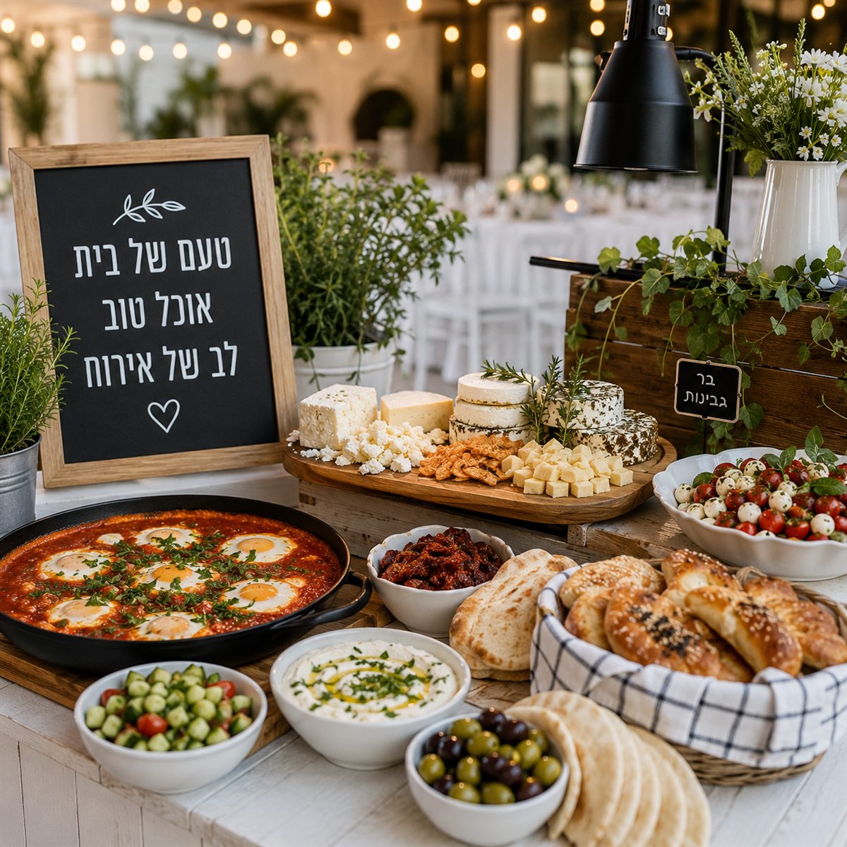 שולחן דוכן חלבי באירוע: שקשוקה חמה, בר גבינות, סלט קצוץ, חומוס, זיתים ומאפים טריים
